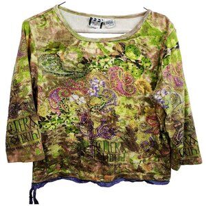 VTG Y2K Take Two Womens Crop Top Small Green Paisley Beaded 3/4 Sleeve Artsy